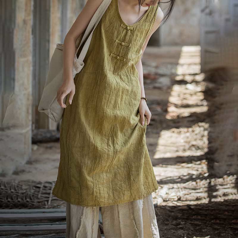 Vestido de lino ramio sin mangas hasta la rodilla con bolsillos y botones de rana, estampado de Buddha Stones. - image 5