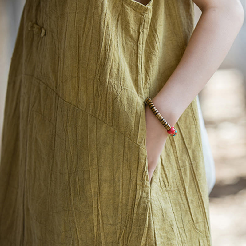 Buddha Stones Vestido camisero sin mangas con botones de rana Pantalones de pierna ancha de lino y ramio con bolsillos - image 9