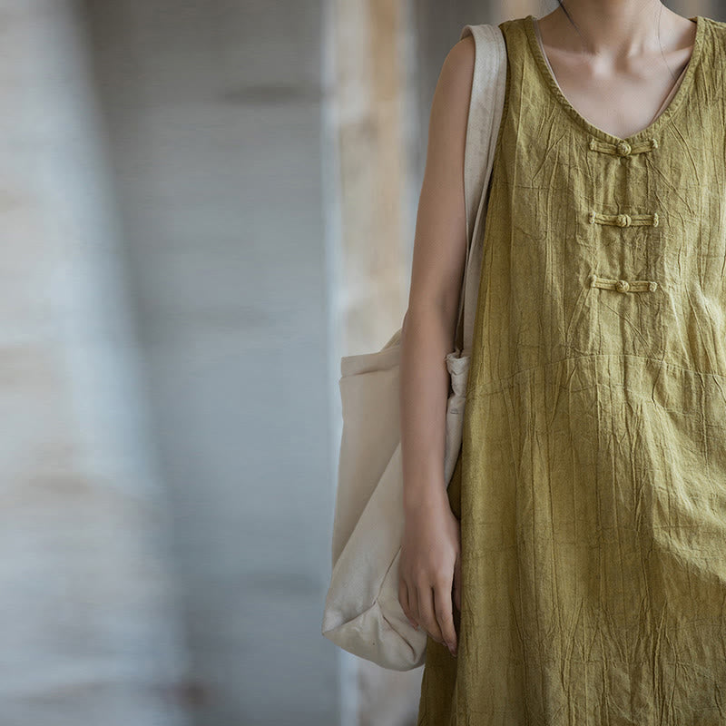 Vestido de lino ramio sin mangas hasta la rodilla con bolsillos y botones de rana, estampado de Buddha Stones. - image 8
