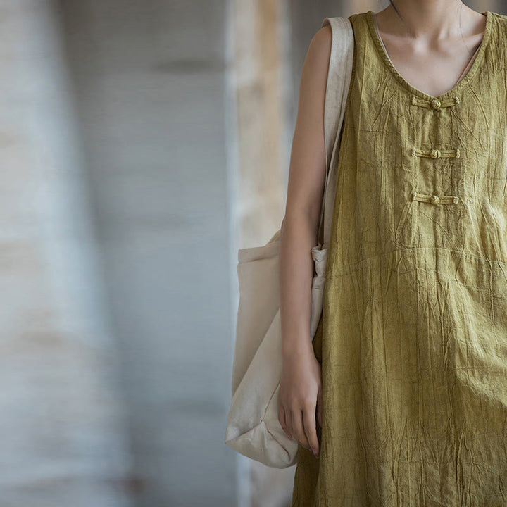 Vestido de lino ramio sin mangas hasta la rodilla con bolsillos y botones de rana, estampado de Buddha Stones. - image 8
