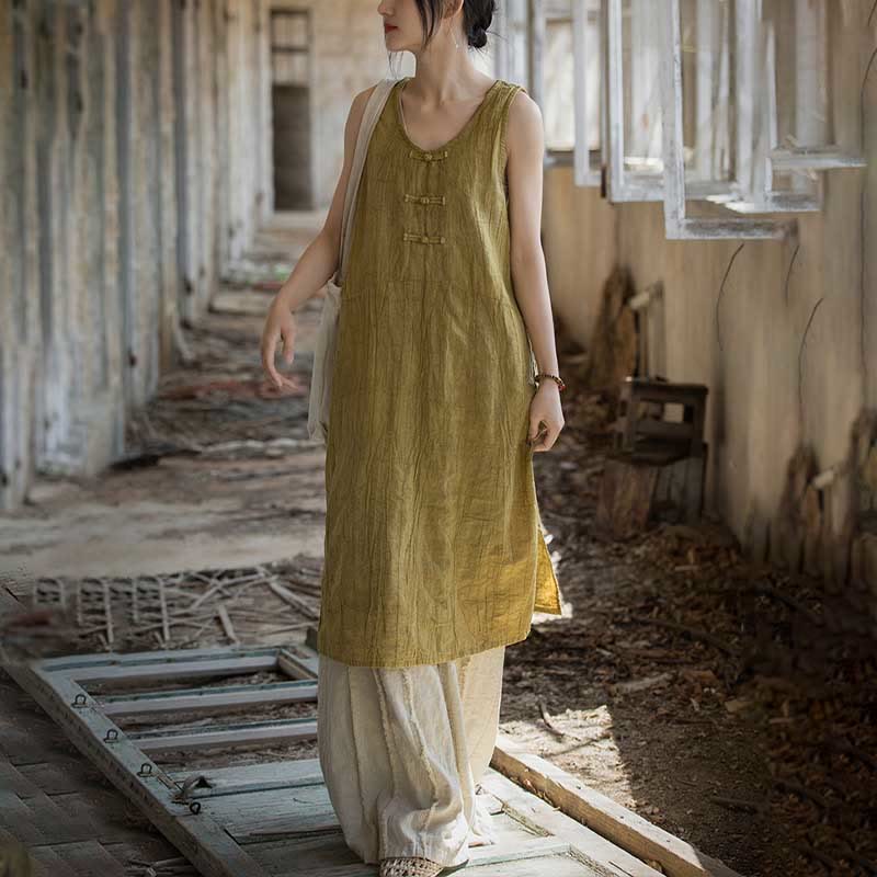 Vestido de lino ramio sin mangas hasta la rodilla con bolsillos y botones de rana, estampado de Buddha Stones. - image 4