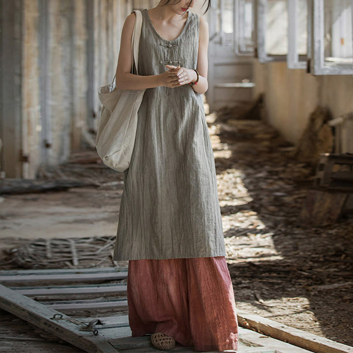 Vestido de lino ramio sin mangas hasta la rodilla con bolsillos y botones de rana, estampado de Buddha Stones. - image 13