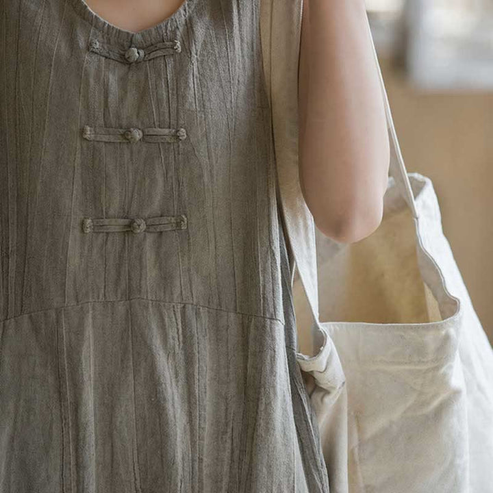 Buddha Stones Vestido camisero sin mangas con botones de rana Pantalones de pierna ancha de lino y ramio con bolsillos - image 16