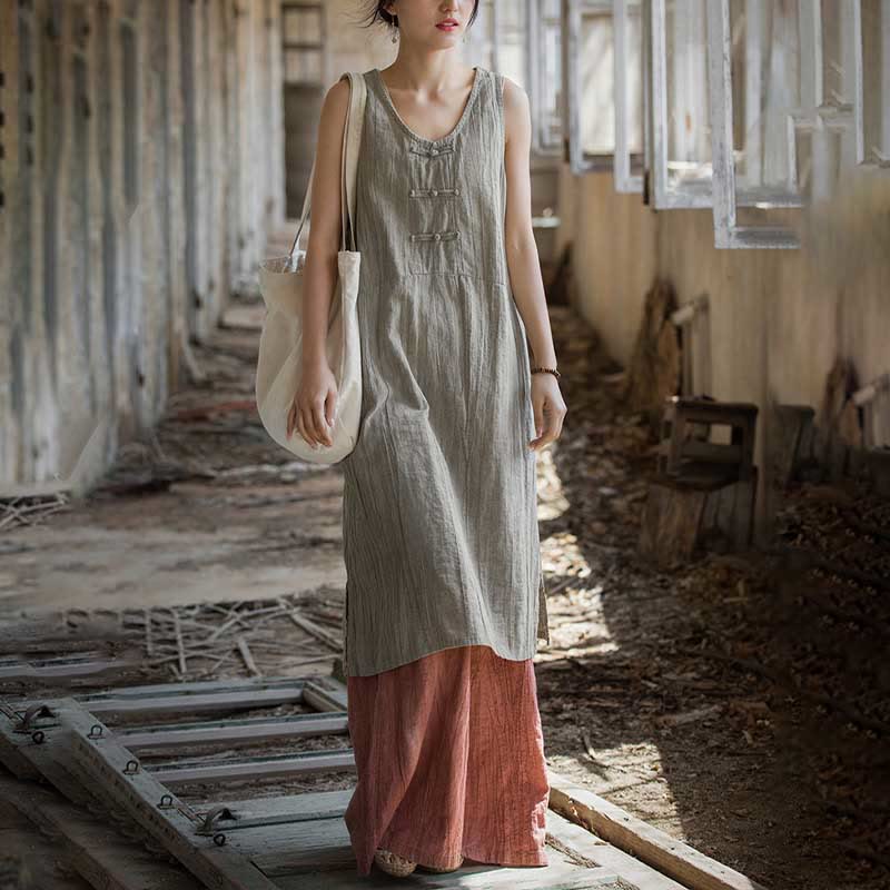 Vestido de lino ramio sin mangas hasta la rodilla con bolsillos y botones de rana, estampado de Buddha Stones. - image 12