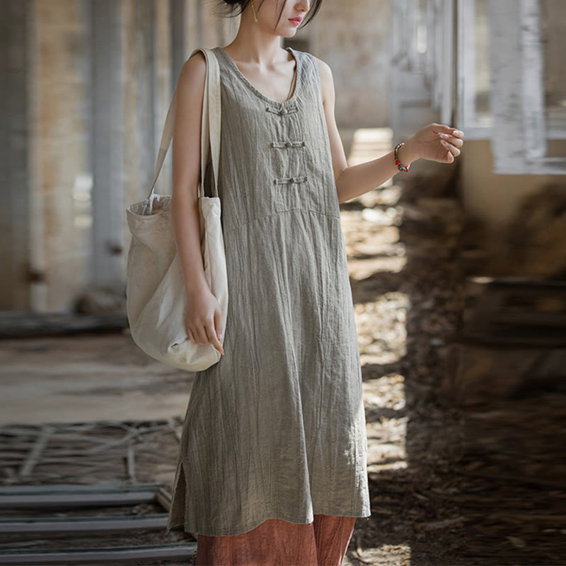 Vestido de lino ramio sin mangas hasta la rodilla con bolsillos y botones de rana, estampado de Buddha Stones. - image 15