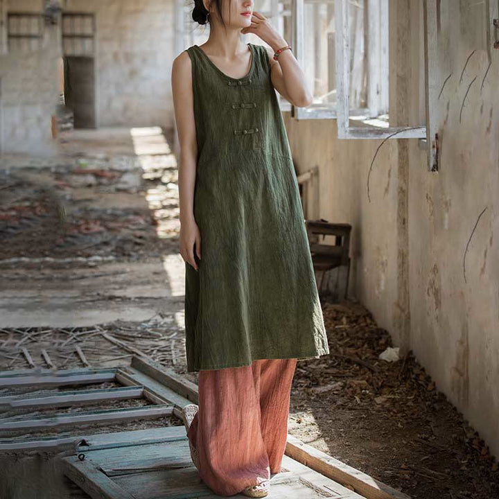 Vestido de lino ramio sin mangas hasta la rodilla con bolsillos y botones de rana, estampado de Buddha Stones. - image 21