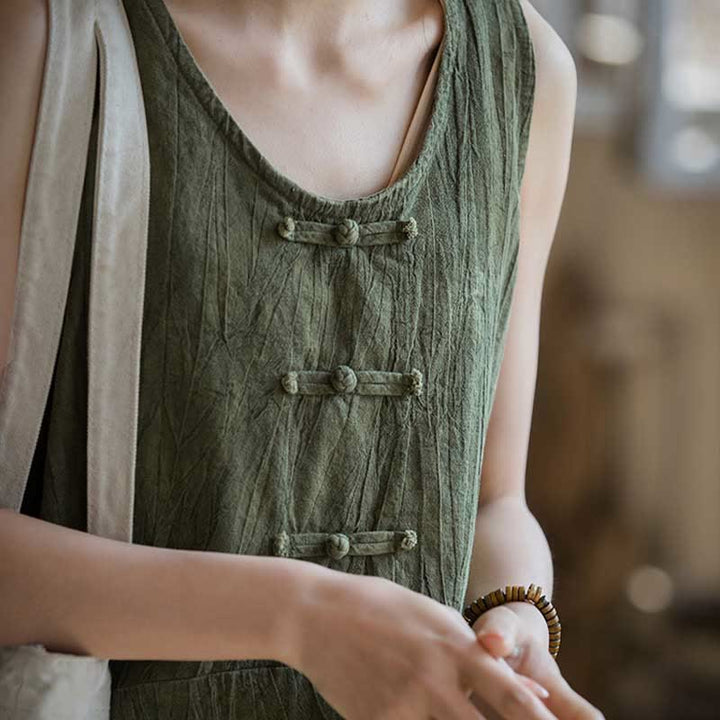 Vestido de lino ramio sin mangas hasta la rodilla con bolsillos y botones de rana, estampado de Buddha Stones. - image 24