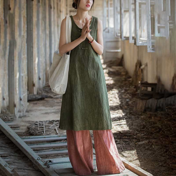 Vestido de lino ramio sin mangas hasta la rodilla con bolsillos y botones de rana, estampado de Buddha Stones. - image 22