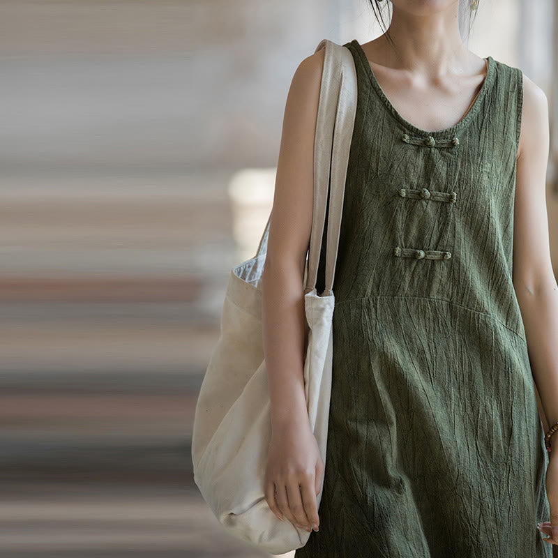 Vestido de lino ramio sin mangas hasta la rodilla con bolsillos y botones de rana, estampado de Buddha Stones. - image 25