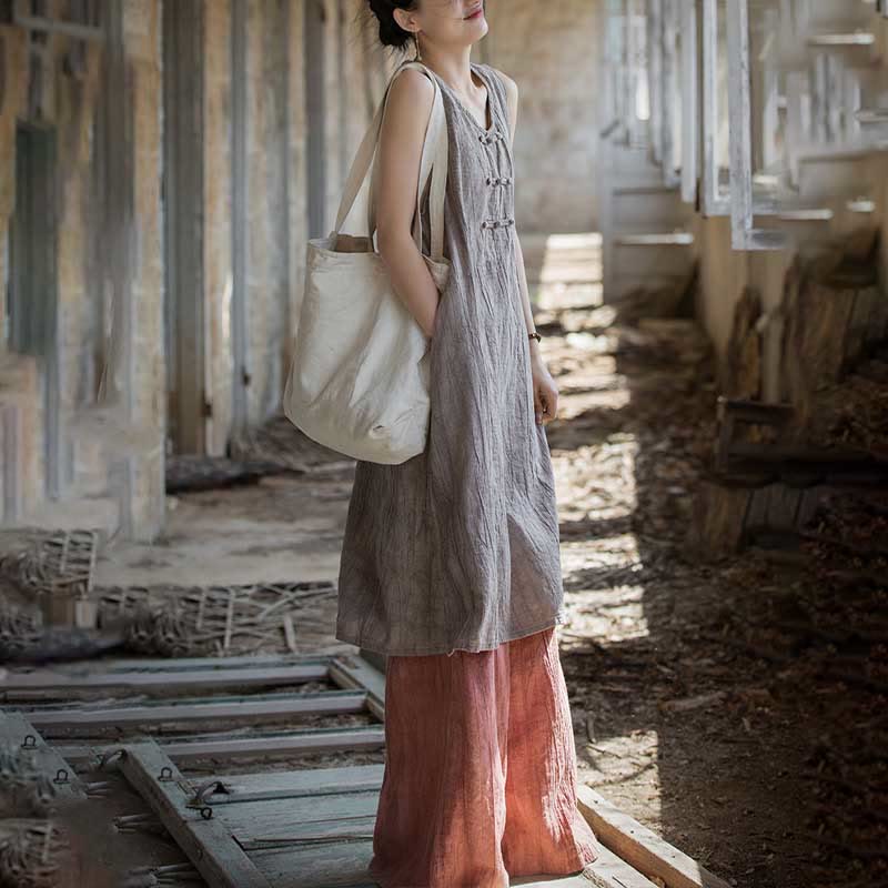 Buddha Stones Vestido camisero sin mangas con botones de rana Pantalones de pierna ancha de lino y ramio con bolsillos - image 28
