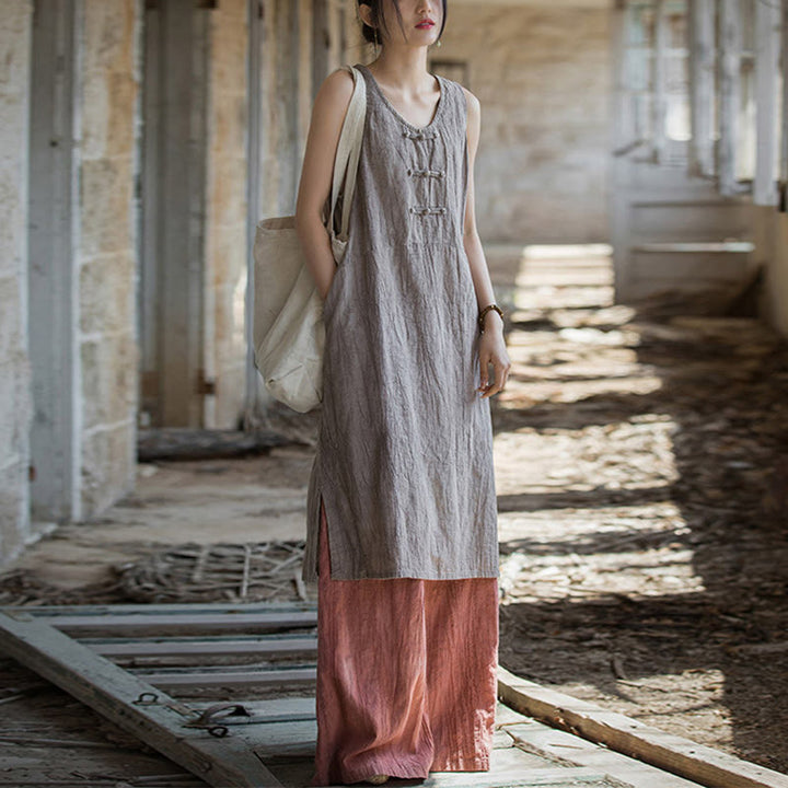 Vestido de lino ramio sin mangas hasta la rodilla con bolsillos y botones de rana, estampado de Buddha Stones. - image 29