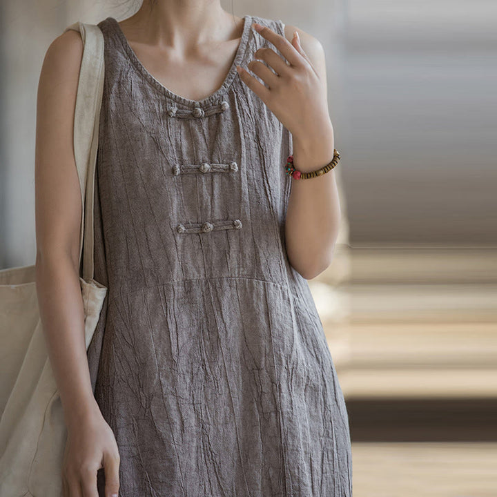 Vestido de lino ramio sin mangas hasta la rodilla con bolsillos y botones de rana, estampado de Buddha Stones. - image 32