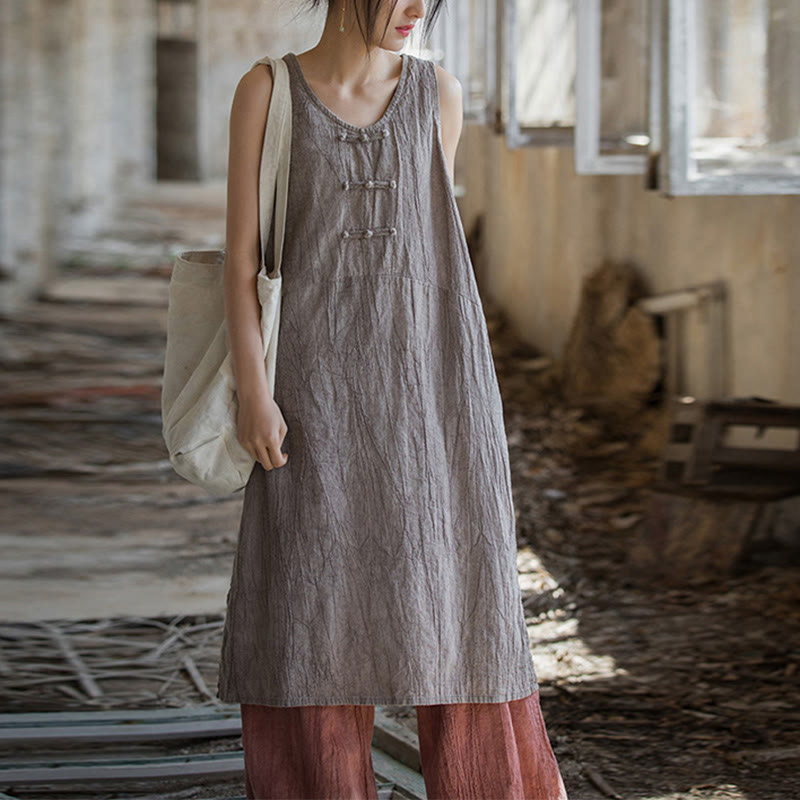 Vestido de lino ramio sin mangas hasta la rodilla con bolsillos y botones de rana, estampado de Buddha Stones. - image 30
