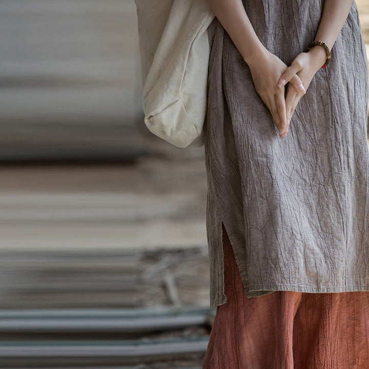 Buddha Stones Vestido camisero sin mangas con botones de rana Pantalones de pierna ancha de lino y ramio con bolsillos - image 33