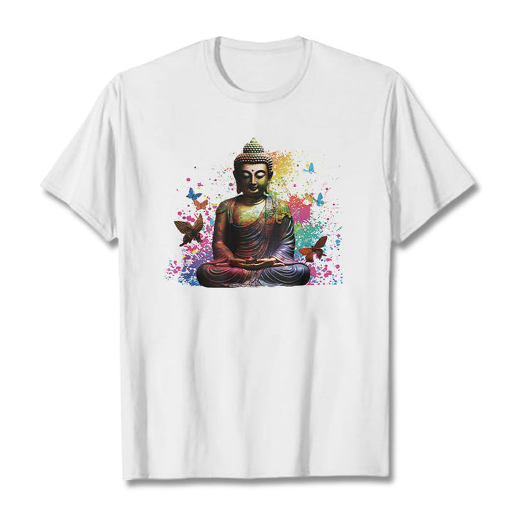 Camiseta con diseño de Buda y mariposa colorida en meditación de Buddha Stones - Blanco - 2XL - image 5