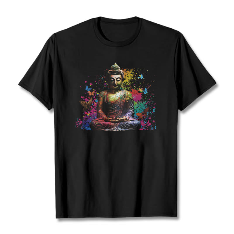 Camiseta con diseño de Buda y mariposa colorida en meditación de Buddha Stones - Negro - 2XL - image 0