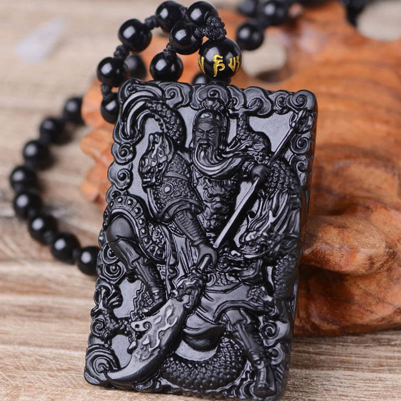 Amuleto de Guan Gong en Obsidiana Negra con Colgante de Fuerza Grabado de Buddha Stones