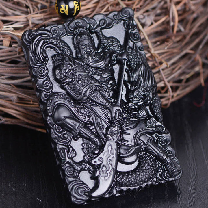 Amuleto de Guan Gong en Obsidiana Negra con Colgante de Fuerza Grabado de Buddha Stones