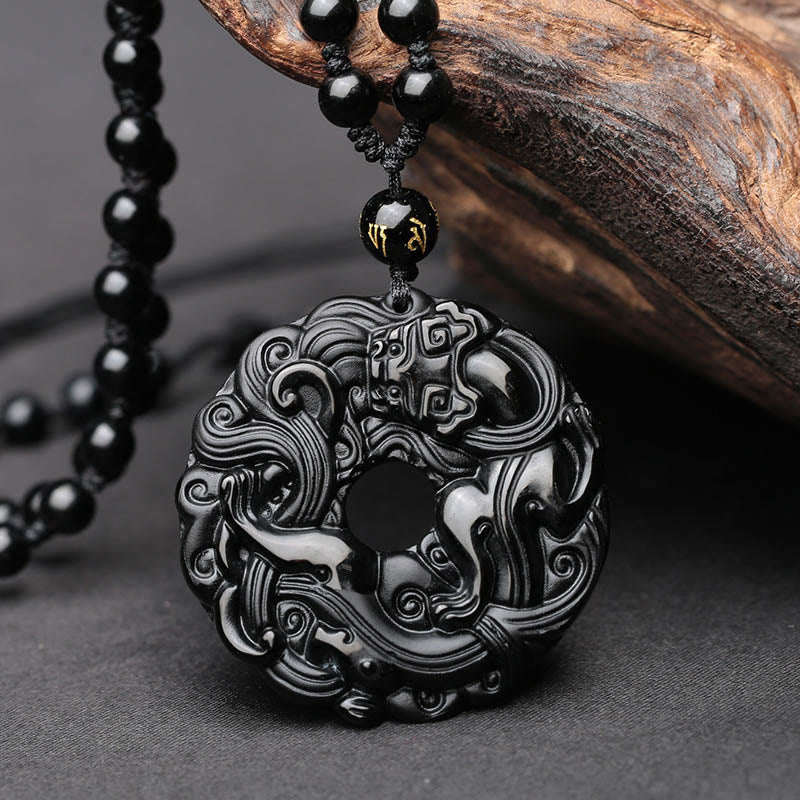 Buddha Stones Colgante de Collar de Purificación de Paz con Hebilla de Pixiu de Obsidiana Negra Natural - Obsidiana negra - image 1