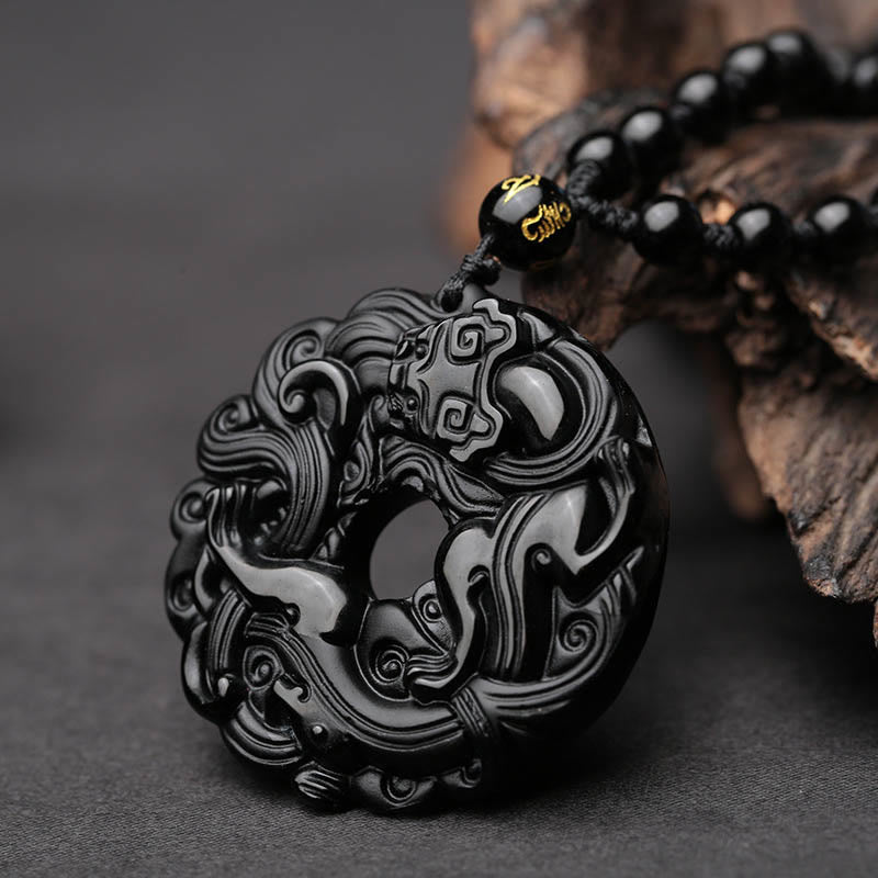 Buddha Stones Colgante de Collar de Purificación de Paz con Hebilla de Pixiu de Obsidiana Negra Natural - image 2