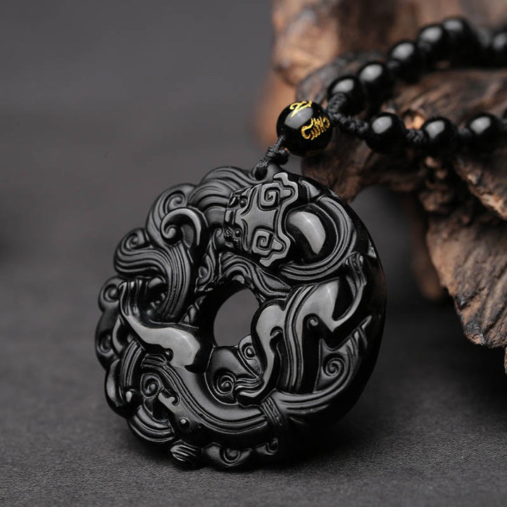 Buddha Stones Colgante de Collar de Purificación de Paz con Hebilla de Pixiu de Obsidiana Negra Natural - image 2