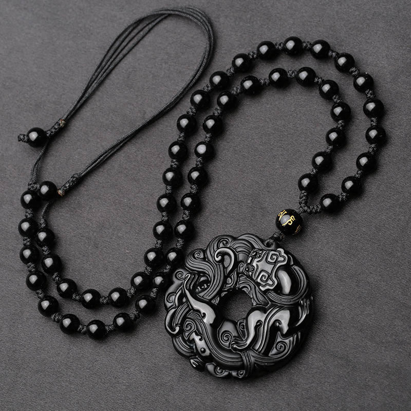 Buddha Stones Colgante de Collar de Purificación de Paz con Hebilla de Pixiu de Obsidiana Negra Natural - image 4