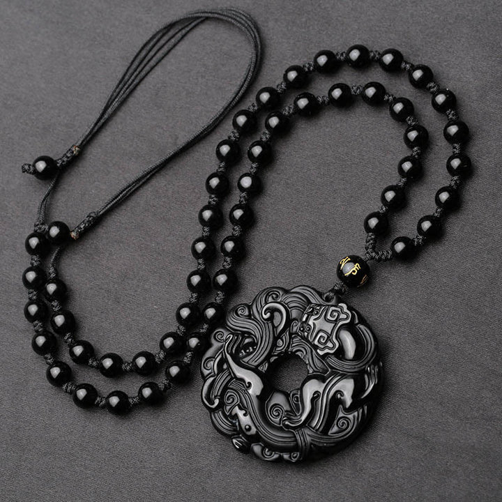 Buddha Stones Colgante de Collar de Purificación de Paz con Hebilla de Pixiu de Obsidiana Negra Natural - image 4