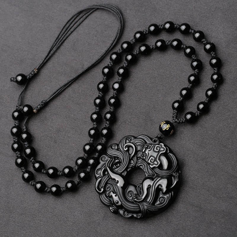 Buddha Stones Colgante de Collar de Purificación de Paz con Hebilla de Pixiu de Obsidiana Negra Natural - image 3
