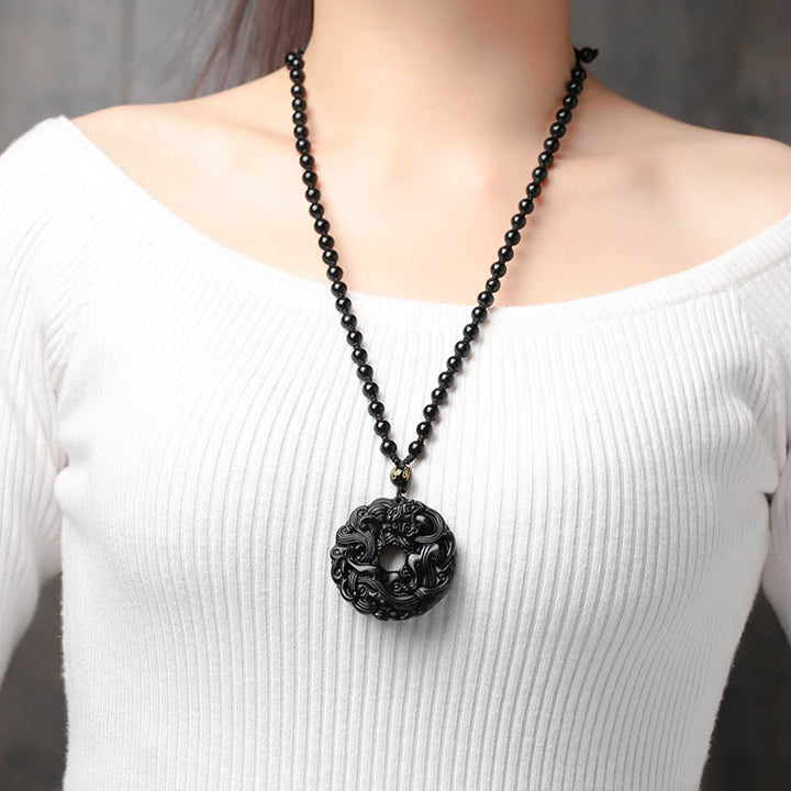 Buddha Stones Colgante de Collar de Purificación de Paz con Hebilla de Pixiu de Obsidiana Negra Natural - image 9