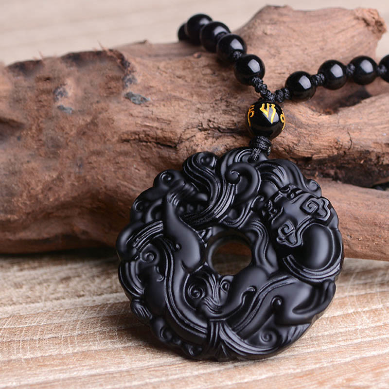 Buddha Stones Colgante de Collar de Purificación de Paz con Hebilla de Pixiu de Obsidiana Negra Natural - image 12
