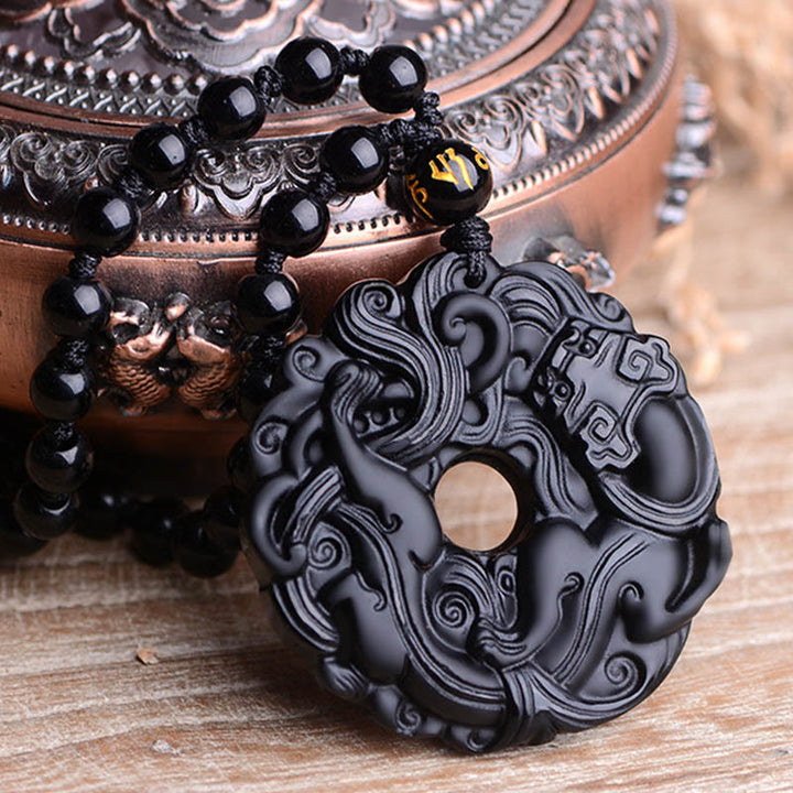 Buddha Stones Colgante de Collar de Purificación de Paz con Hebilla de Pixiu de Obsidiana Negra Natural - image 13