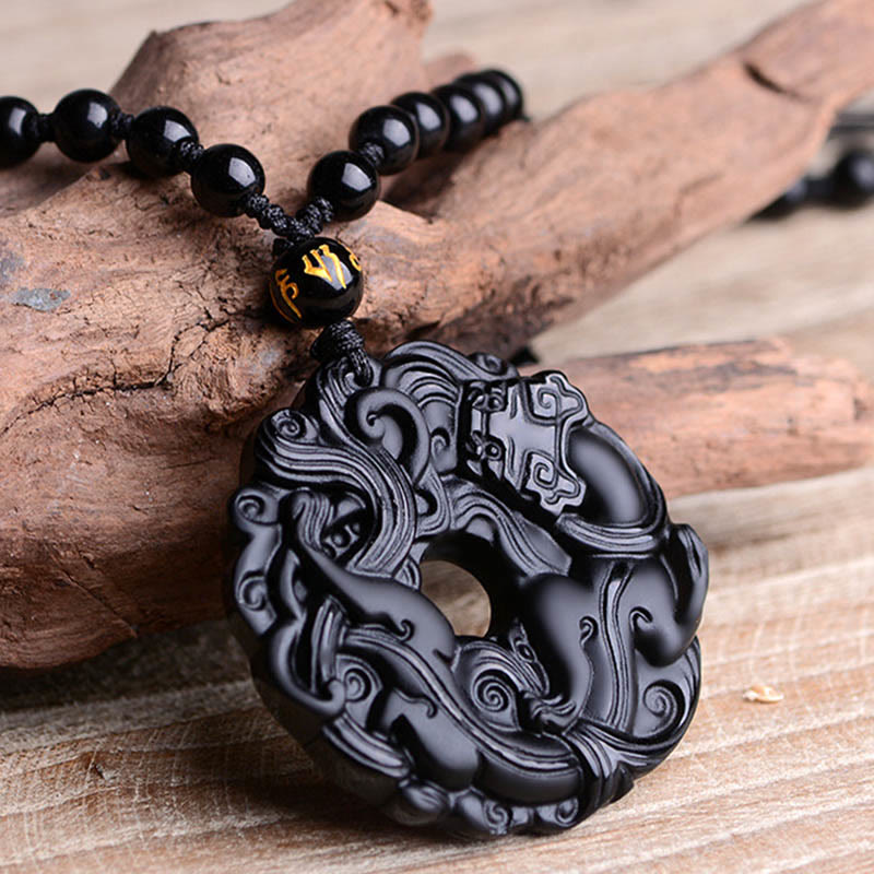 Buddha Stones Colgante de Collar de Purificación de Paz con Hebilla de Pixiu de Obsidiana Negra Natural - image 14