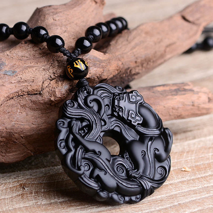 Buddha Stones Colgante de Collar de Purificación de Paz con Hebilla de Pixiu de Obsidiana Negra Natural - image 14