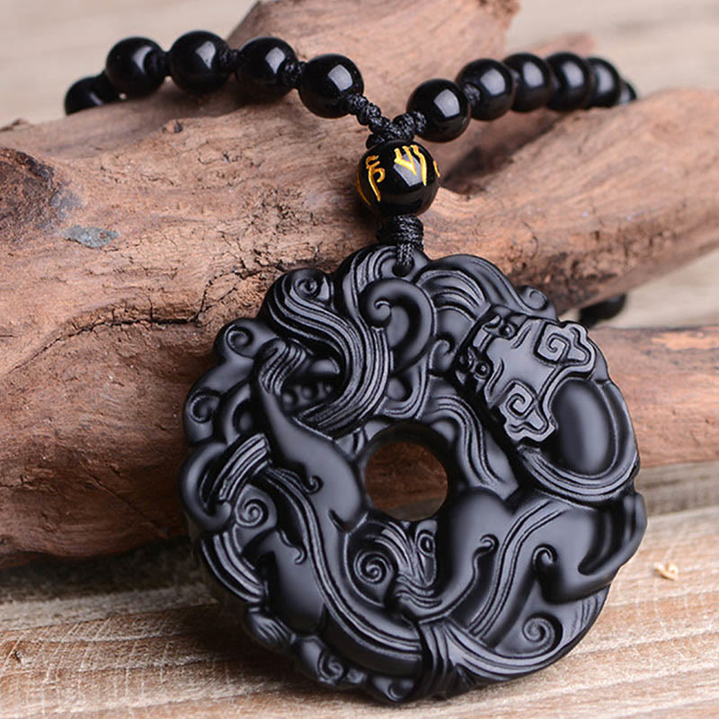 Buddha Stones Colgante de Collar de Purificación de Paz con Hebilla de Pixiu de Obsidiana Negra Natural - image 11