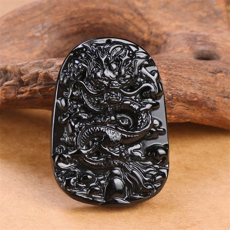 Colgante de collar protector de la suerte con dragón tallado en obsidiana negra Buddha Stones - image 2