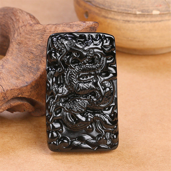 Buddha Stones Colgante de Éxito Rectangular con Dragón Grabado Natural de Obsidiana Negra - image 3