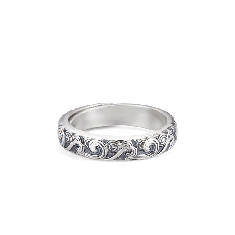 Buddha Stones Anillo Ajustable Bendición Grabada en Nubes Auspiciosas de Plata de Ley 999