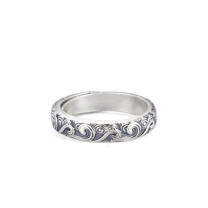 Buddha Stones Anillo Ajustable Bendición Grabada en Nubes Auspiciosas de Plata de Ley 999