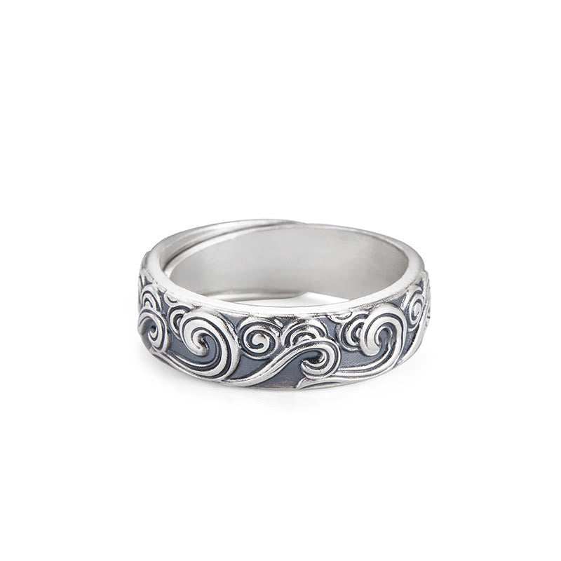 Buddha Stones Anillo Ajustable Bendición Grabada en Nubes Auspiciosas de Plata de Ley 999