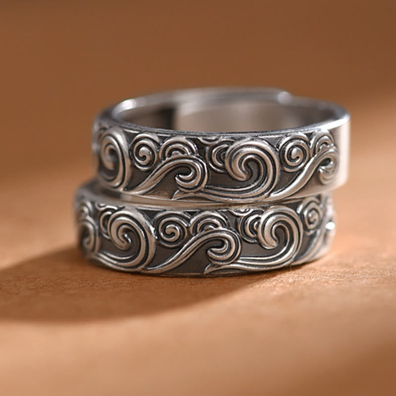 Buddha Stones Anillo Ajustable Bendición Grabada en Nubes Auspiciosas de Plata de Ley 999