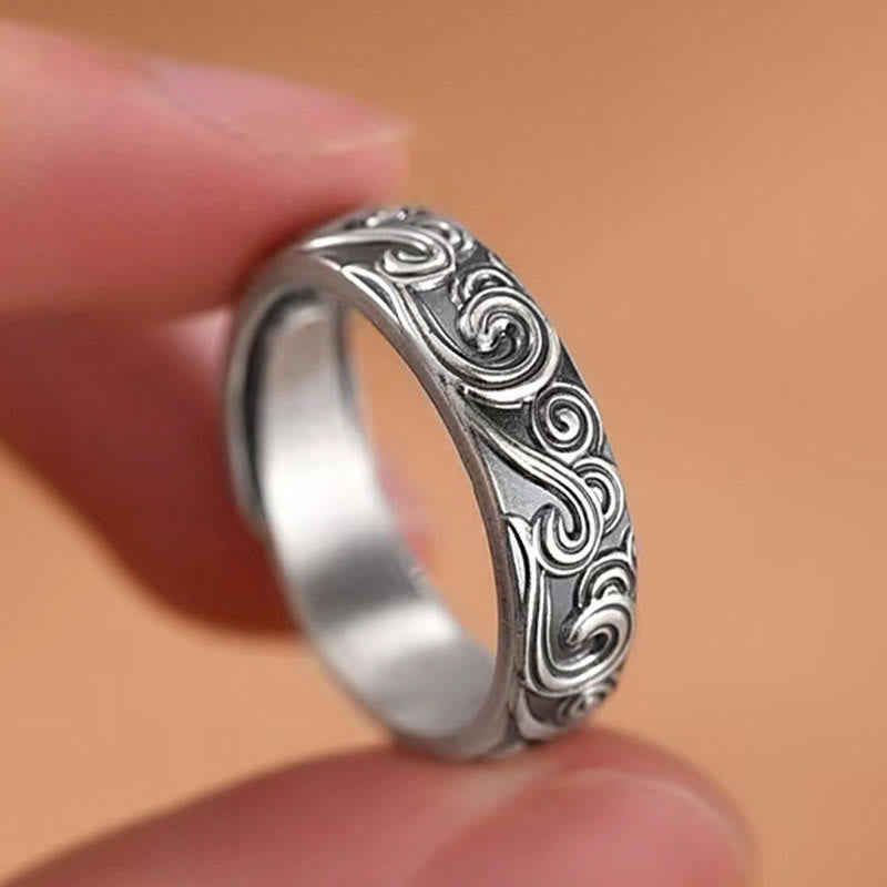 Buddha Stones Anillo Ajustable Bendición Grabada en Nubes Auspiciosas de Plata de Ley 999