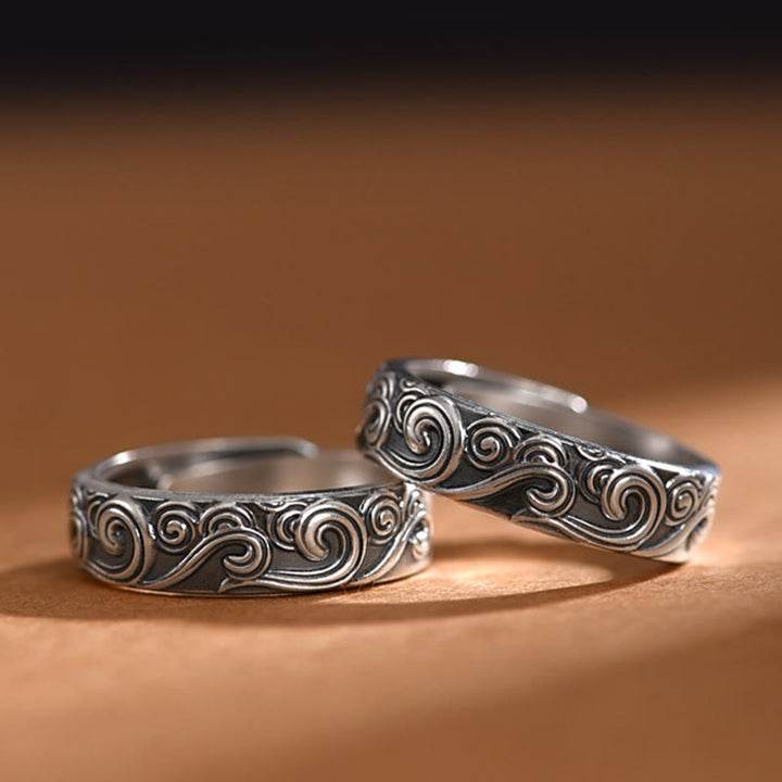 Buddha Stones Anillo Ajustable Bendición Grabada en Nubes Auspiciosas de Plata de Ley 999