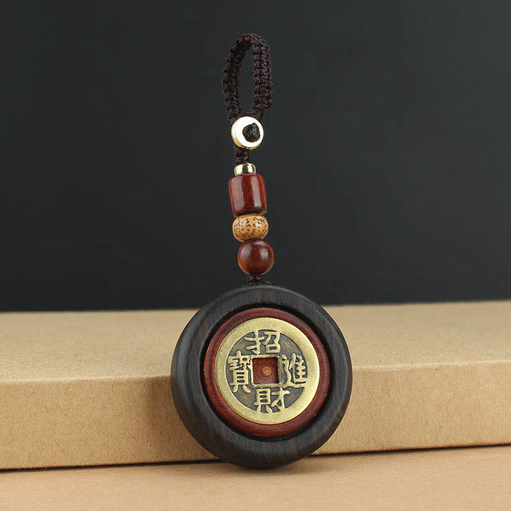 Buddha Stones Moneda de Cobre Atrae Riqueza Llavero de Madera de Ébano de Sándalo Rojo para la Suerte
