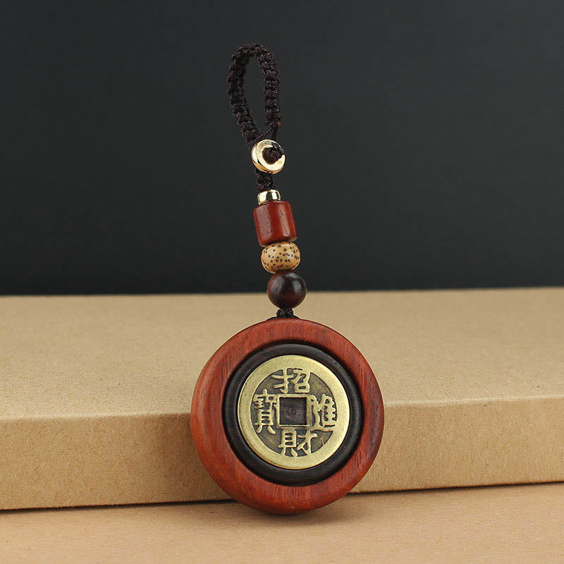 Buddha Stones Moneda de Cobre Atrae Riqueza Llavero de Madera de Ébano de Sándalo Rojo para la Suerte