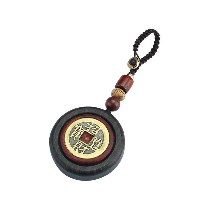 Buddha Stones Moneda de Cobre Atrae Riqueza Llavero de Madera de Ébano de Sándalo Rojo para la Suerte