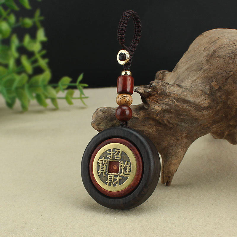 Buddha Stones Moneda de Cobre Atrae Riqueza Llavero de Madera de Ébano de Sándalo Rojo para la Suerte