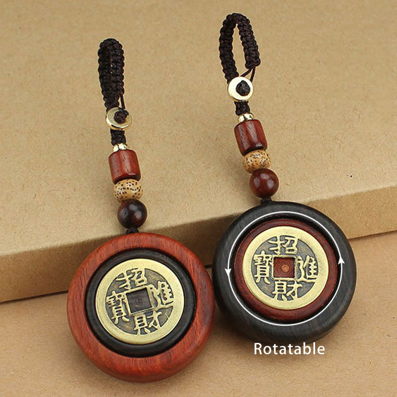 Buddha Stones Moneda de Cobre Atrae Riqueza Llavero de Madera de Ébano de Sándalo Rojo para la Suerte