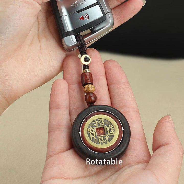 Buddha Stones Moneda de Cobre Atrae Riqueza Llavero de Madera de Ébano de Sándalo Rojo para la Suerte