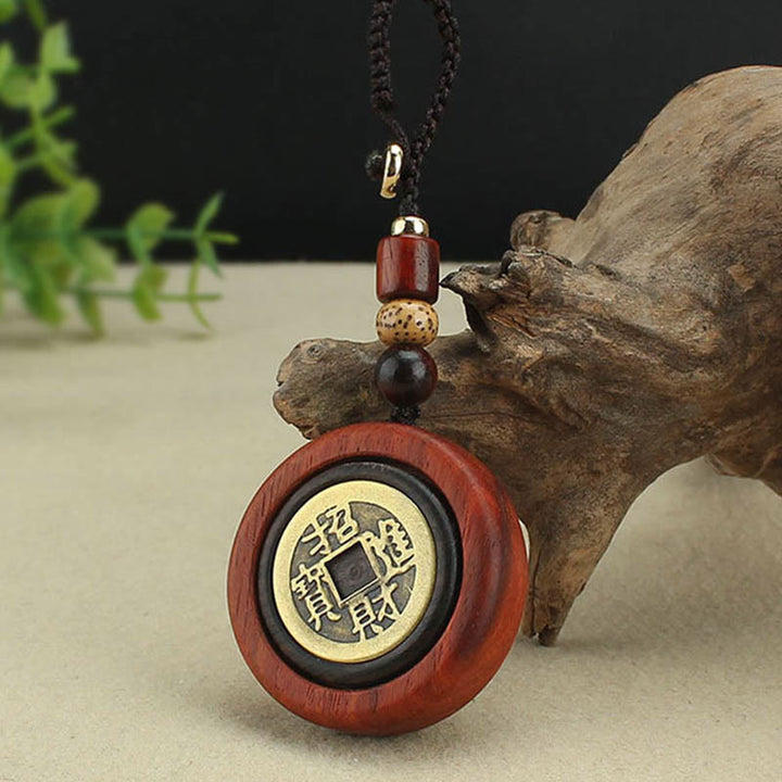Buddha Stones Moneda de Cobre Atrae Riqueza Llavero de Madera de Ébano de Sándalo Rojo para la Suerte