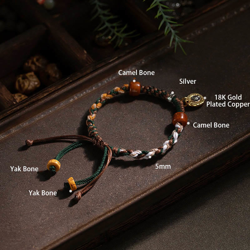 Buddha Stones Pulsera de cuerdas de la suerte de hueso de camello tibetano y hueso de yak